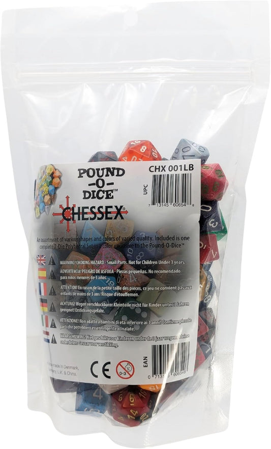 Chessex Pound O Dice | 1 lb Bulk Polyhedral Assortment with Approx 100 Factory Seconds Plus Bonus 7-Die RPG Set | for DND Pathfinder and Tabletop Gaming | Mixed Colors and Styles